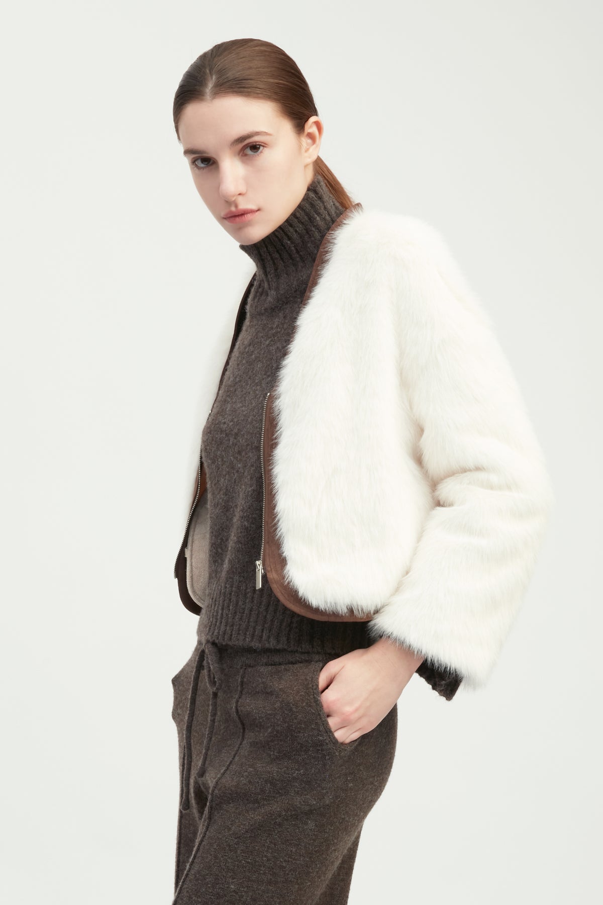 Suede Piped Faux Fur Jacket