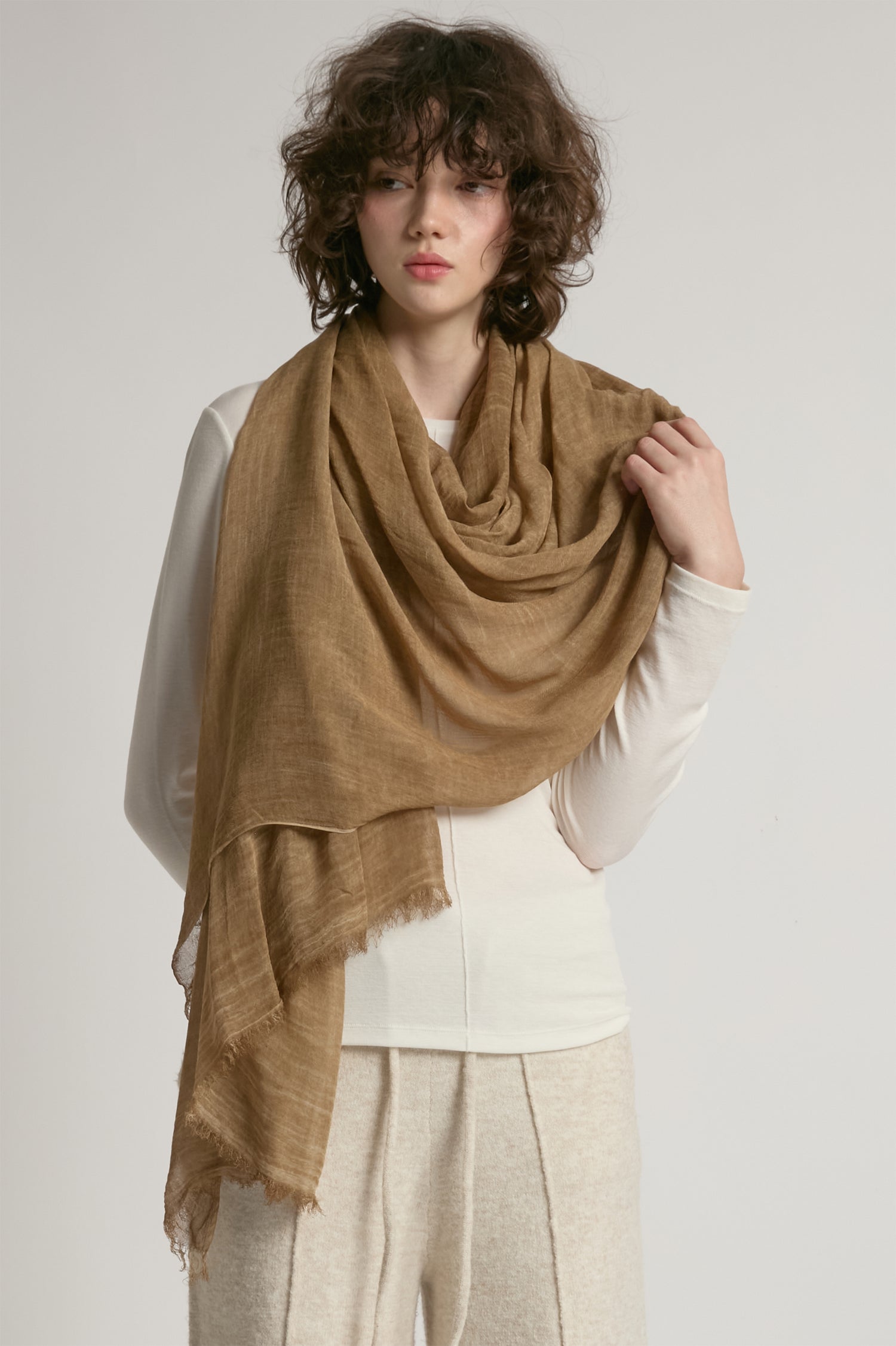 Camel sheer cotton long scarf in lightweight solid fabric for year-round layering – Common Knit