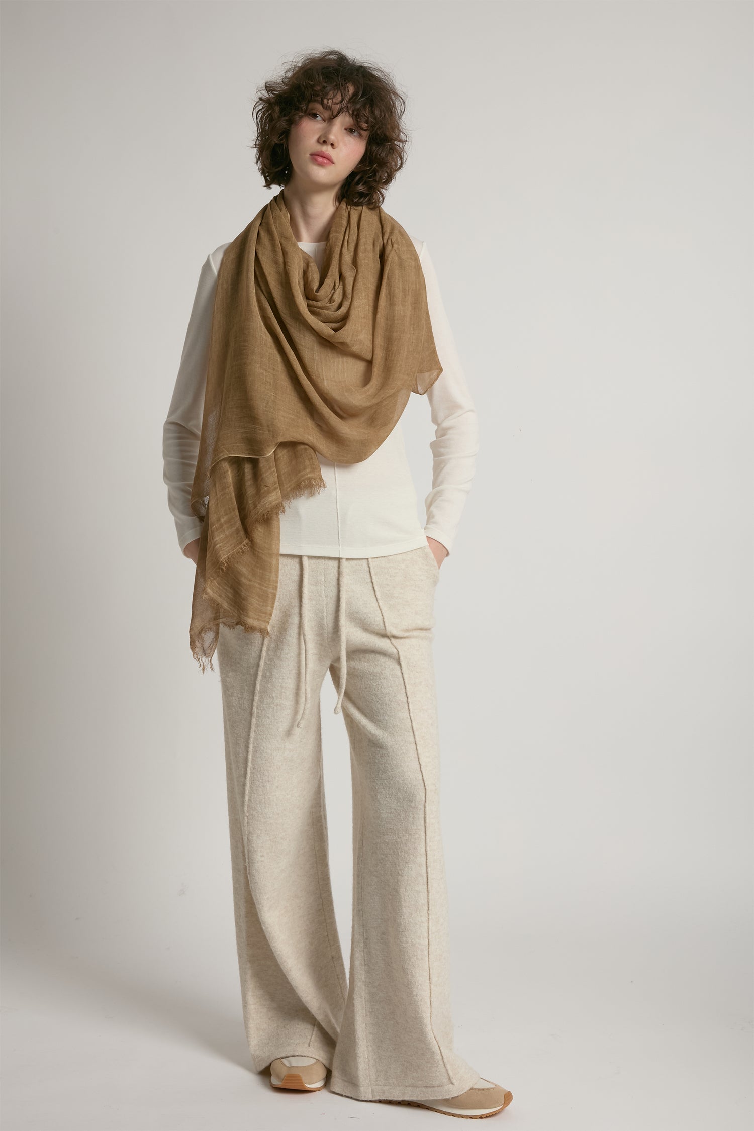 Camel sheer cotton long scarf in lightweight solid fabric for year-round layering – Common Knit
