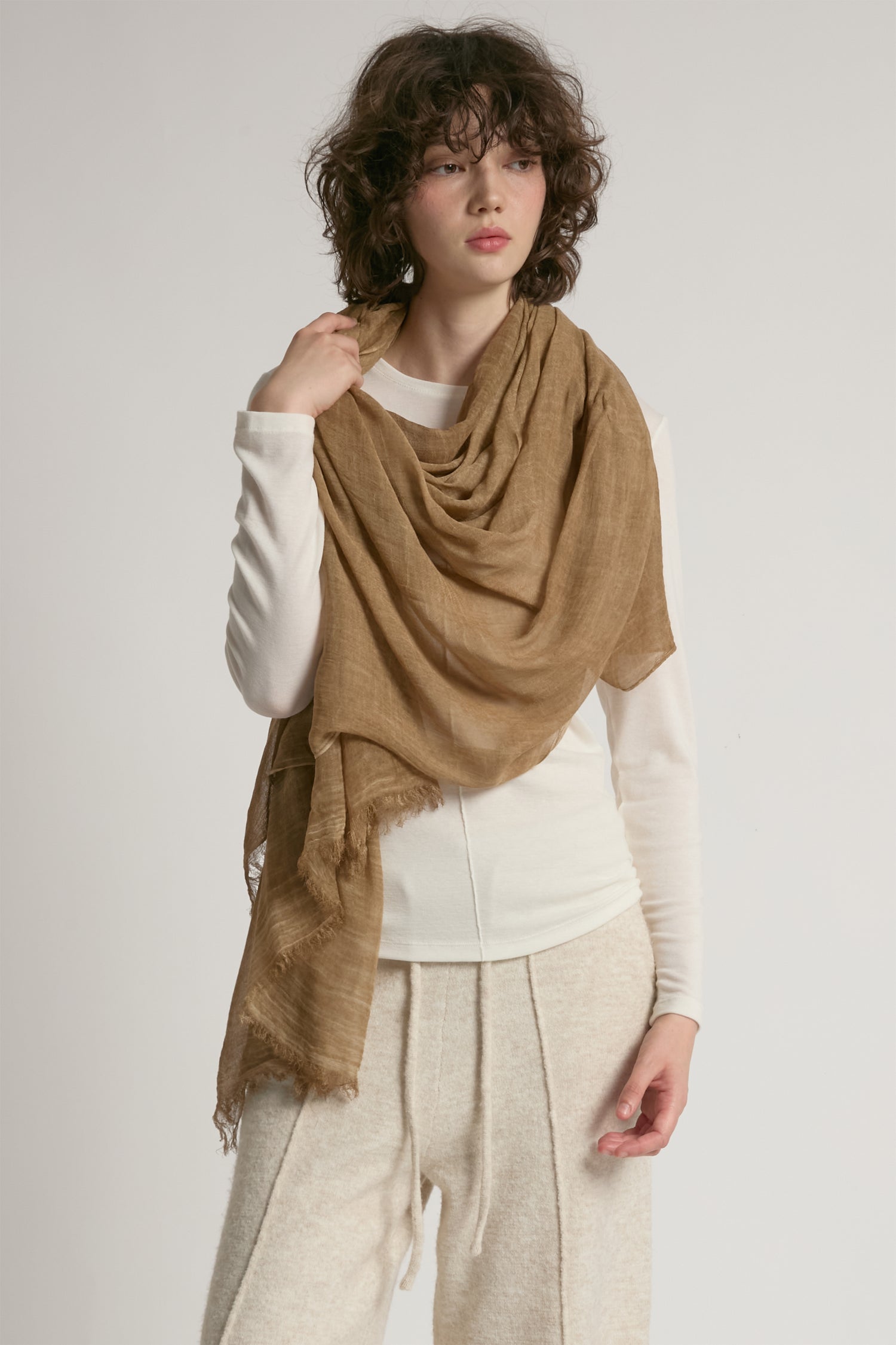 Camel sheer cotton long scarf in lightweight solid fabric for year-round layering – Common Knit