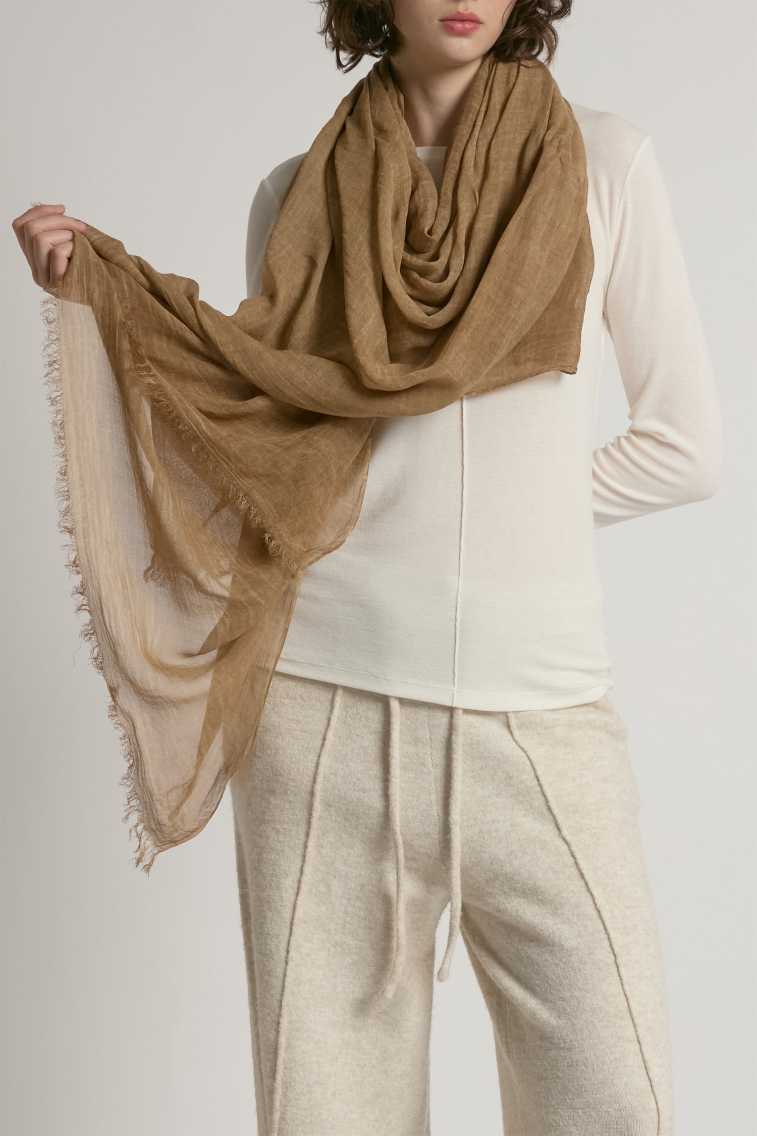 Camel sheer cotton long scarf in lightweight solid fabric for year-round layering – Common Knit