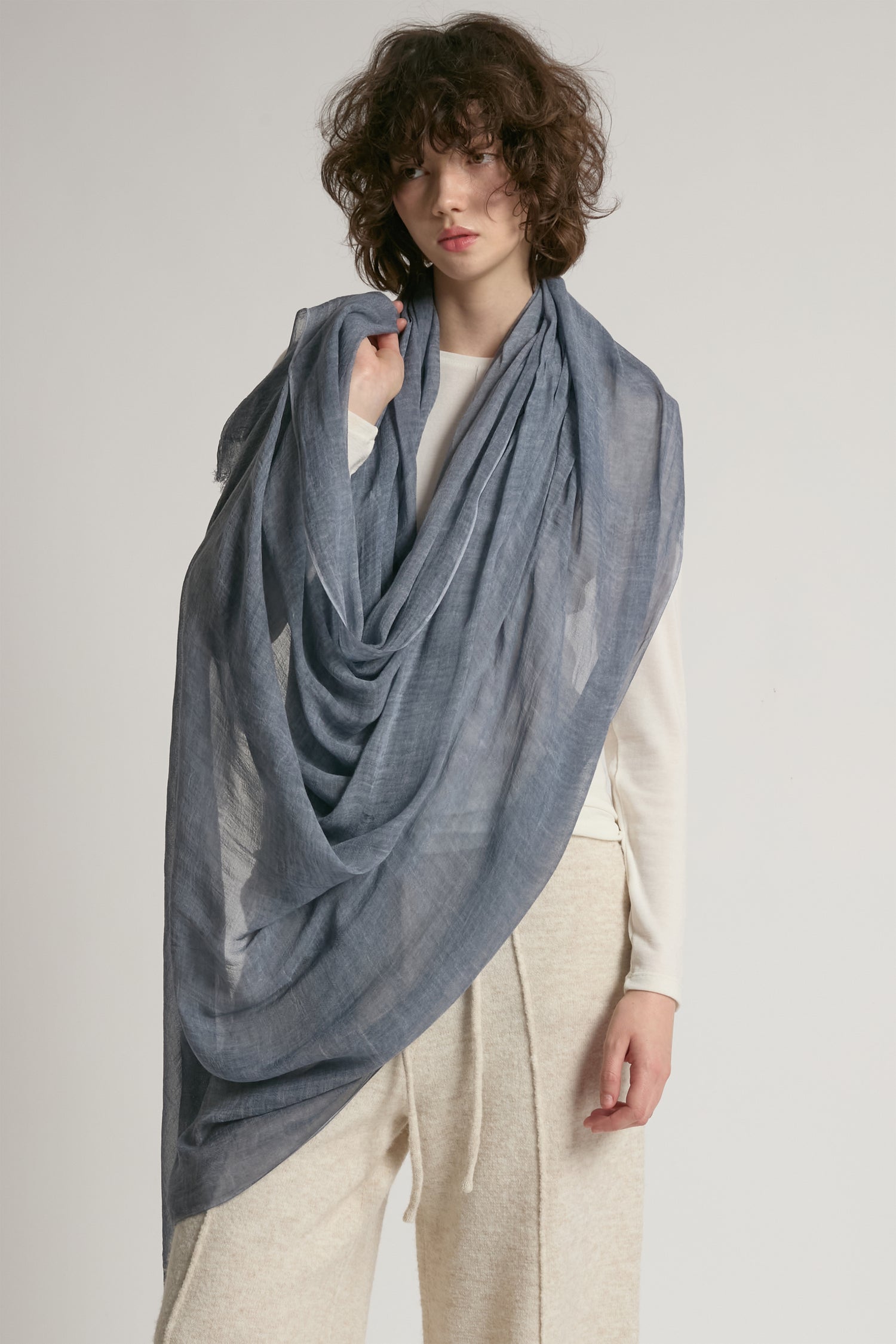 Denim sheer cotton long scarf in lightweight solid fabric for year-round layering – Common Knit