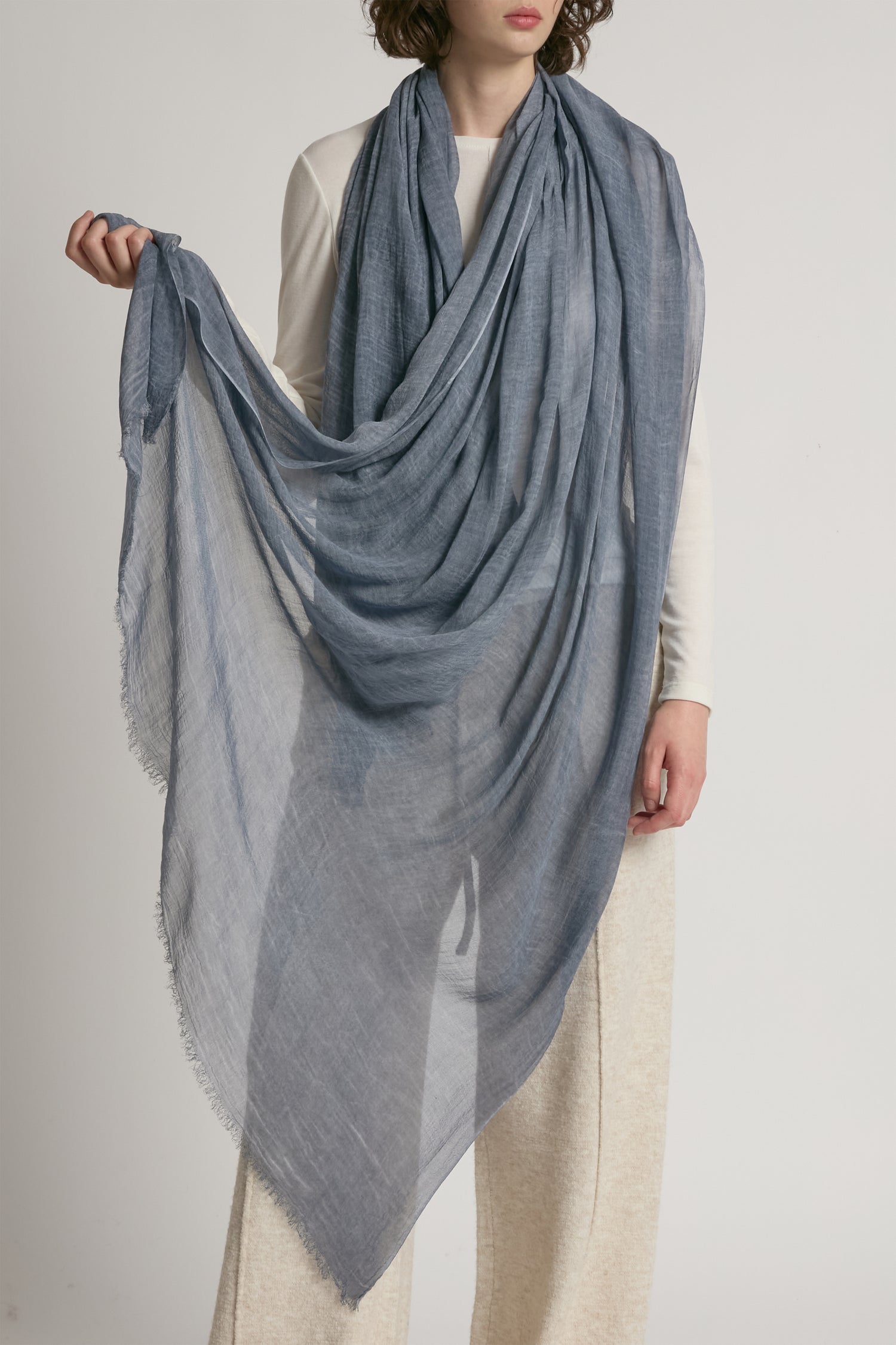 Denim sheer cotton long scarf in lightweight solid fabric for year-round layering – Common Knit