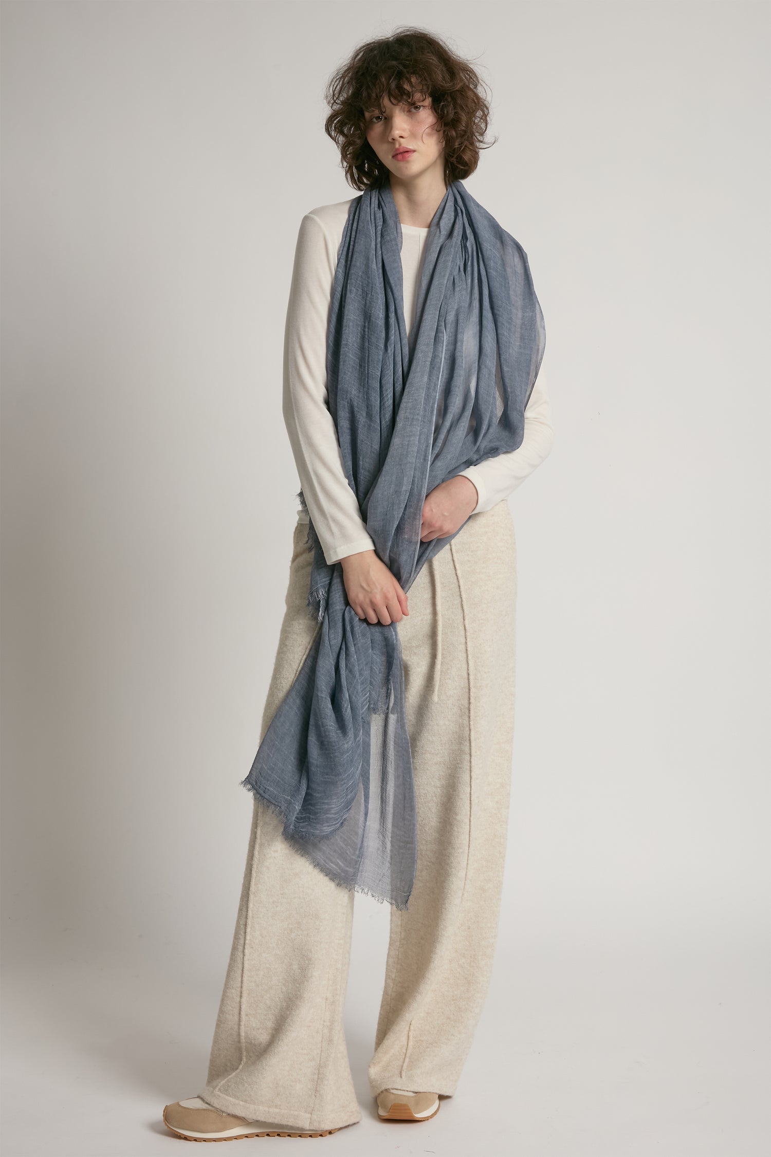 Denim sheer cotton long scarf in lightweight solid fabric for year-round layering – Common Knit