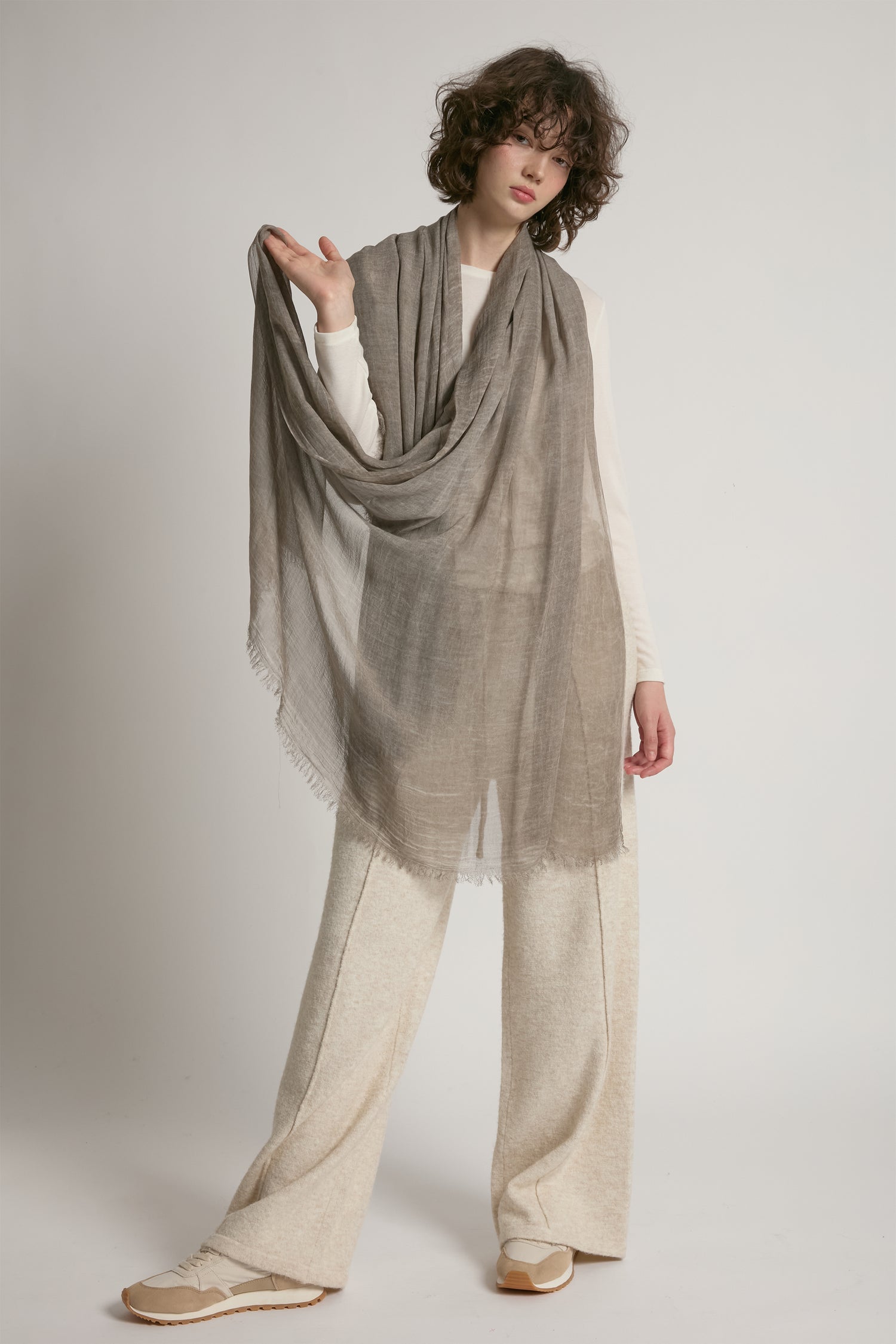 Greige sheer cotton long scarf in lightweight solid fabric for year-round layering – Common Knit