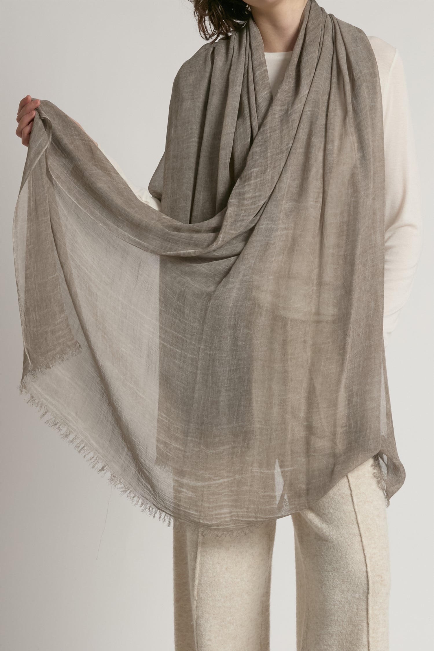 Greige sheer cotton long scarf in lightweight solid fabric for year-round layering – Common Knit