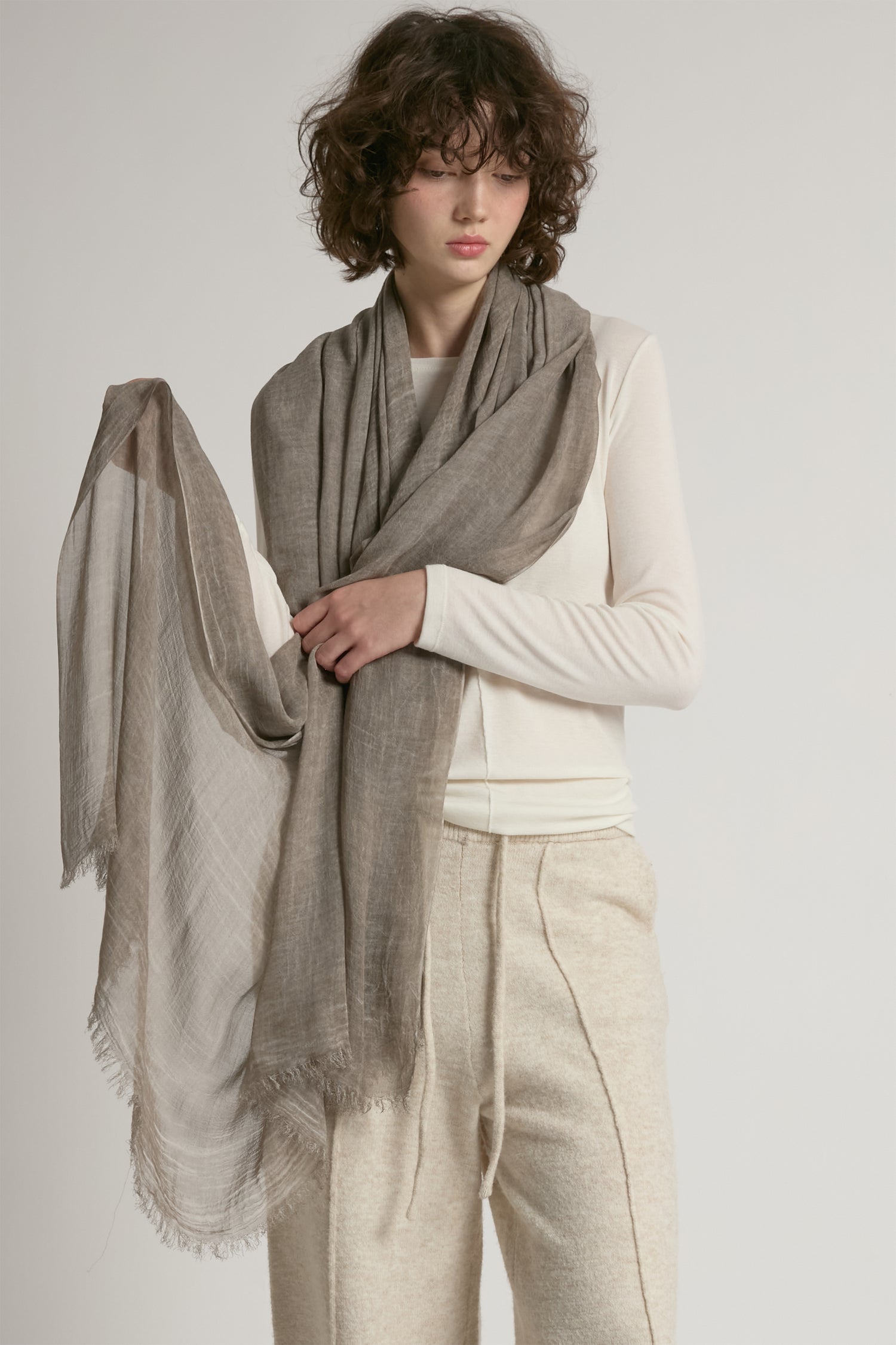 Greige sheer cotton long scarf in lightweight solid fabric for year-round layering – Common Knit