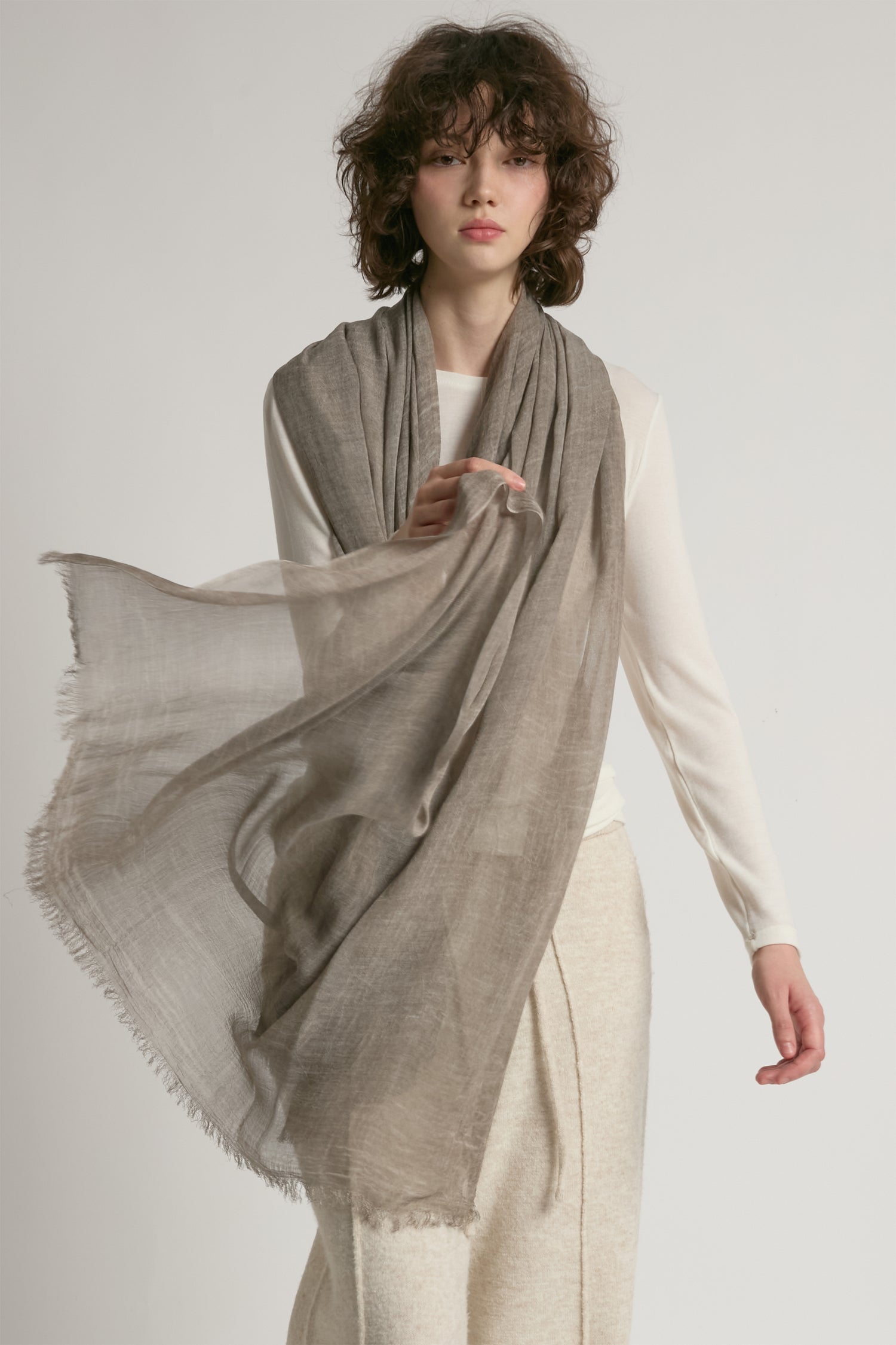 Greige sheer cotton long scarf in lightweight solid fabric for year-round layering – Common Knit