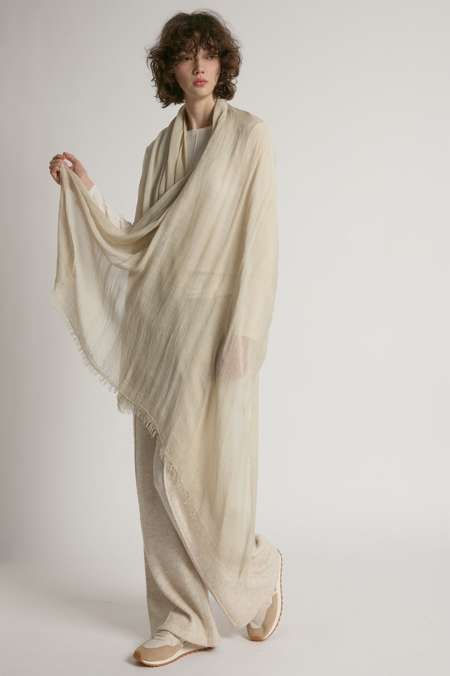 Oatmeal sheer cotton long scarf in lightweight solid fabric for year-round layering – Common Knit